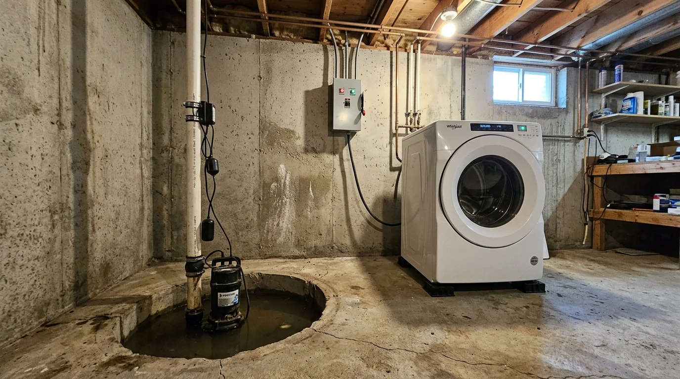A basement with a sump pit and pump in the concrete floor next to a white front-load washing machine and electrical box.