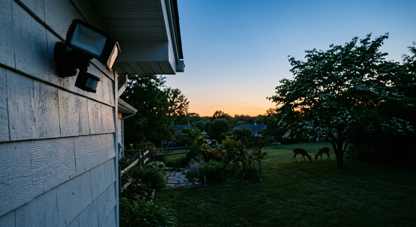 Dual floodlight mounted on house siding overlooking a backyard lawn where two deer graze at dusk.