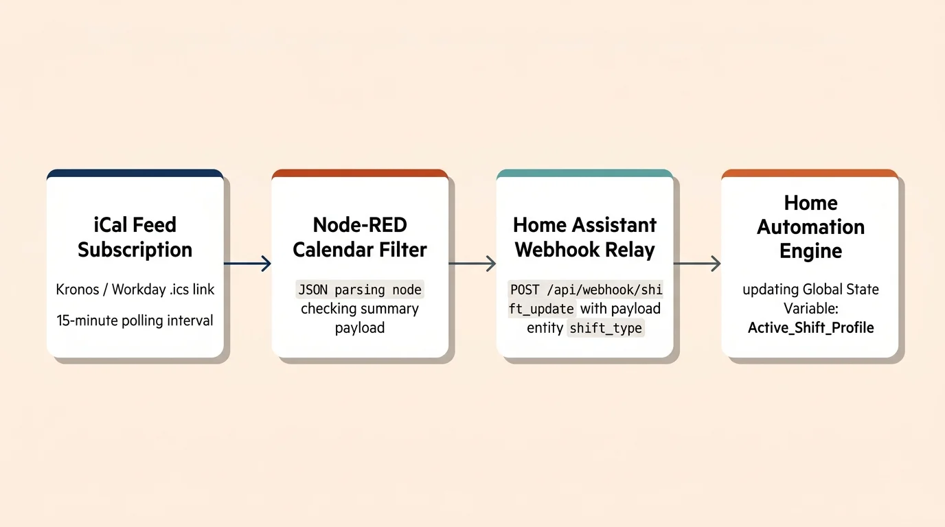 Flowchart showing four steps from iCal Feed Subscription through Node-RED and Home Assistant to Home Automation Engine.