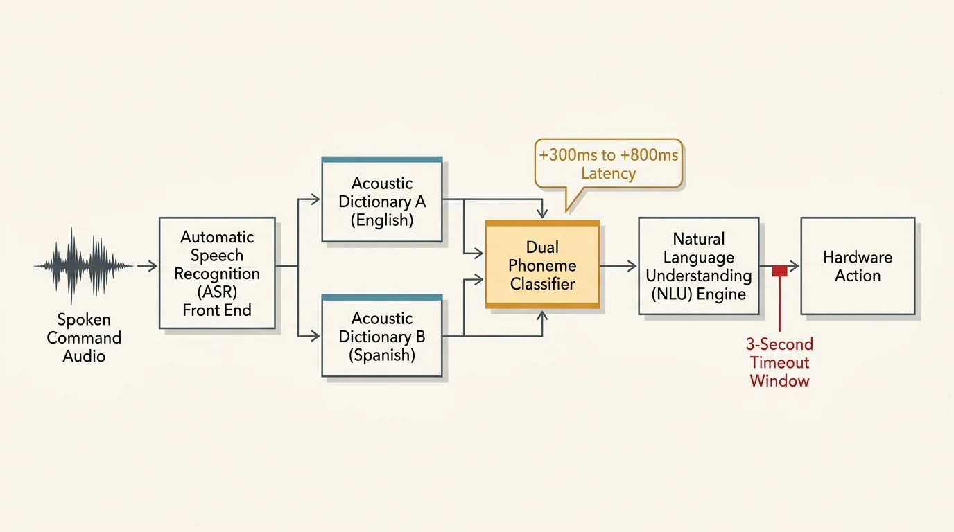 Diagram showing audio processing through ASR, dual acoustic dictionaries, classifier, NLU engine, and hardware action.