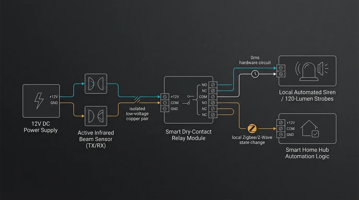 Wiring diagram connecting a 12V power supply, infrared beam sensor, smart relay module, siren, and smart home hub.