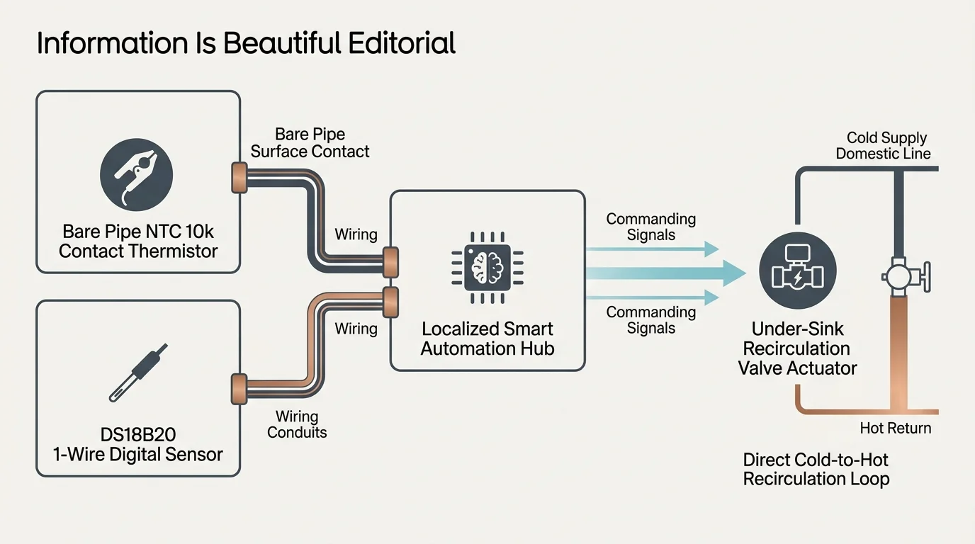 System diagram linking NTC 10k and DS18B20 sensors through a smart hub to an under-sink recirculation valve actuator.