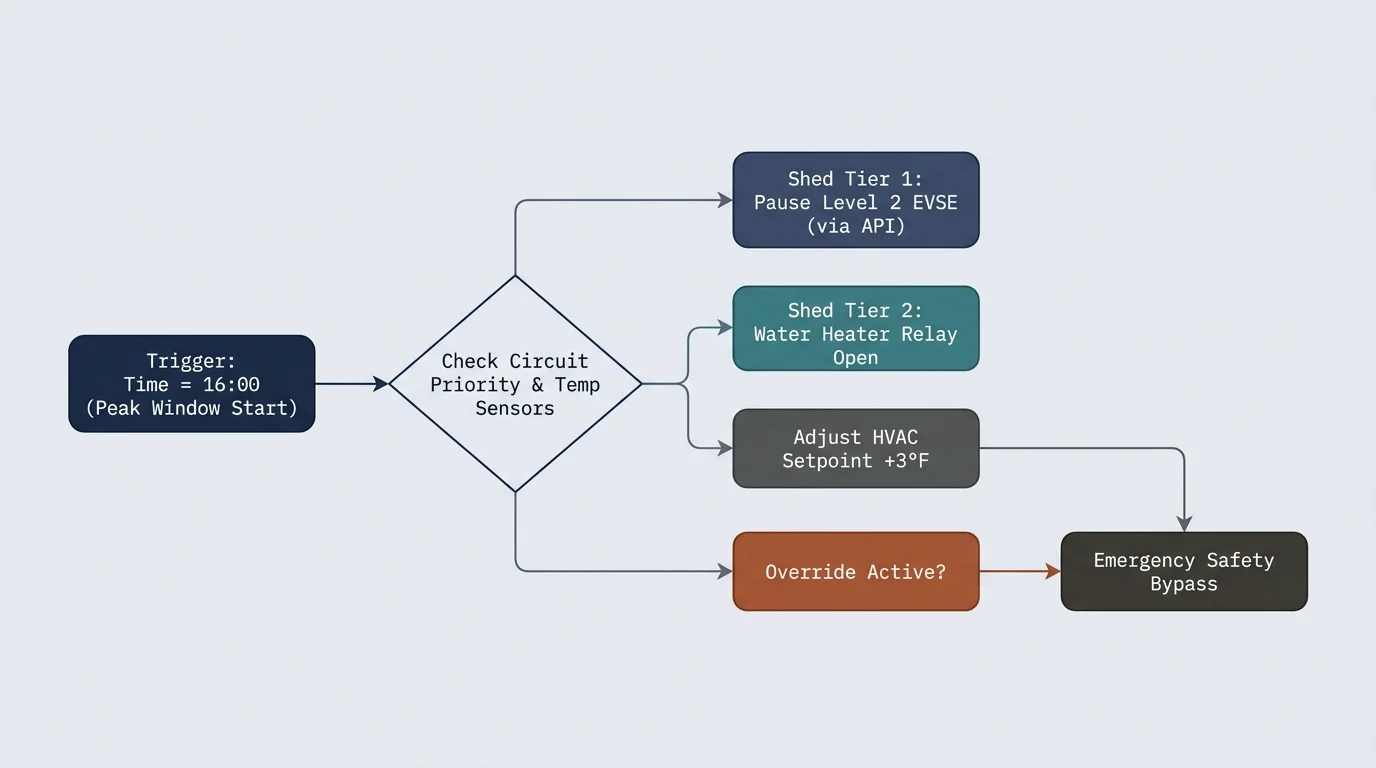 Flowchart diagram tracing a curtailment trigger through sensor checks to multiple load shedding tiers and an override bypass.