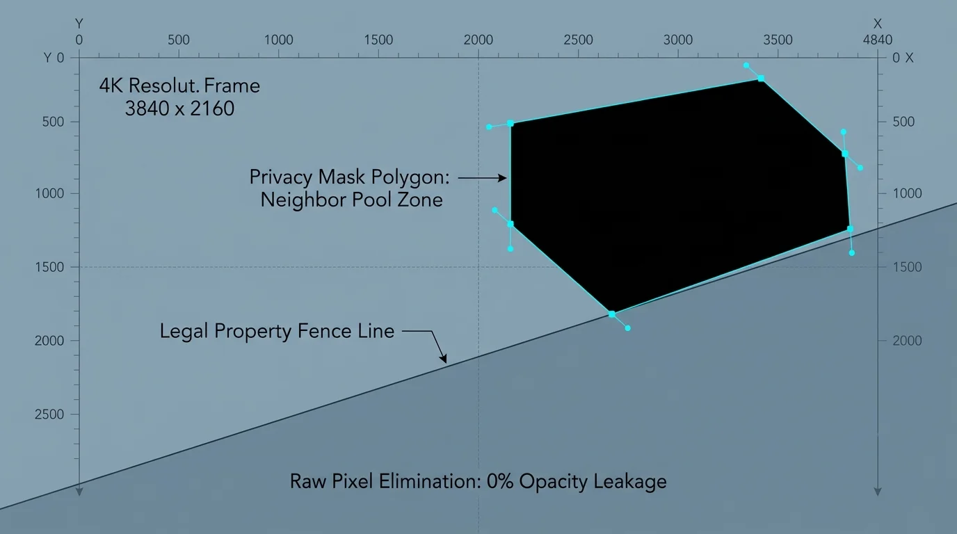 Diagram of a 4K frame coordinate grid with a black privacy mask polygon plotted along a legal property fence line.