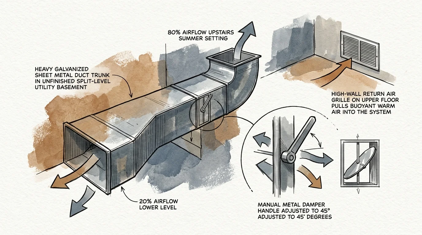 Diagram of a sheet metal duct trunk with an adjustable manual damper handle, airflow arrows, and a wall return grille.