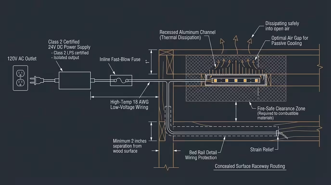 Technical diagram showing 24V DC power wiring routed through a bed rail to a recessed aluminum channel dissipating heat.