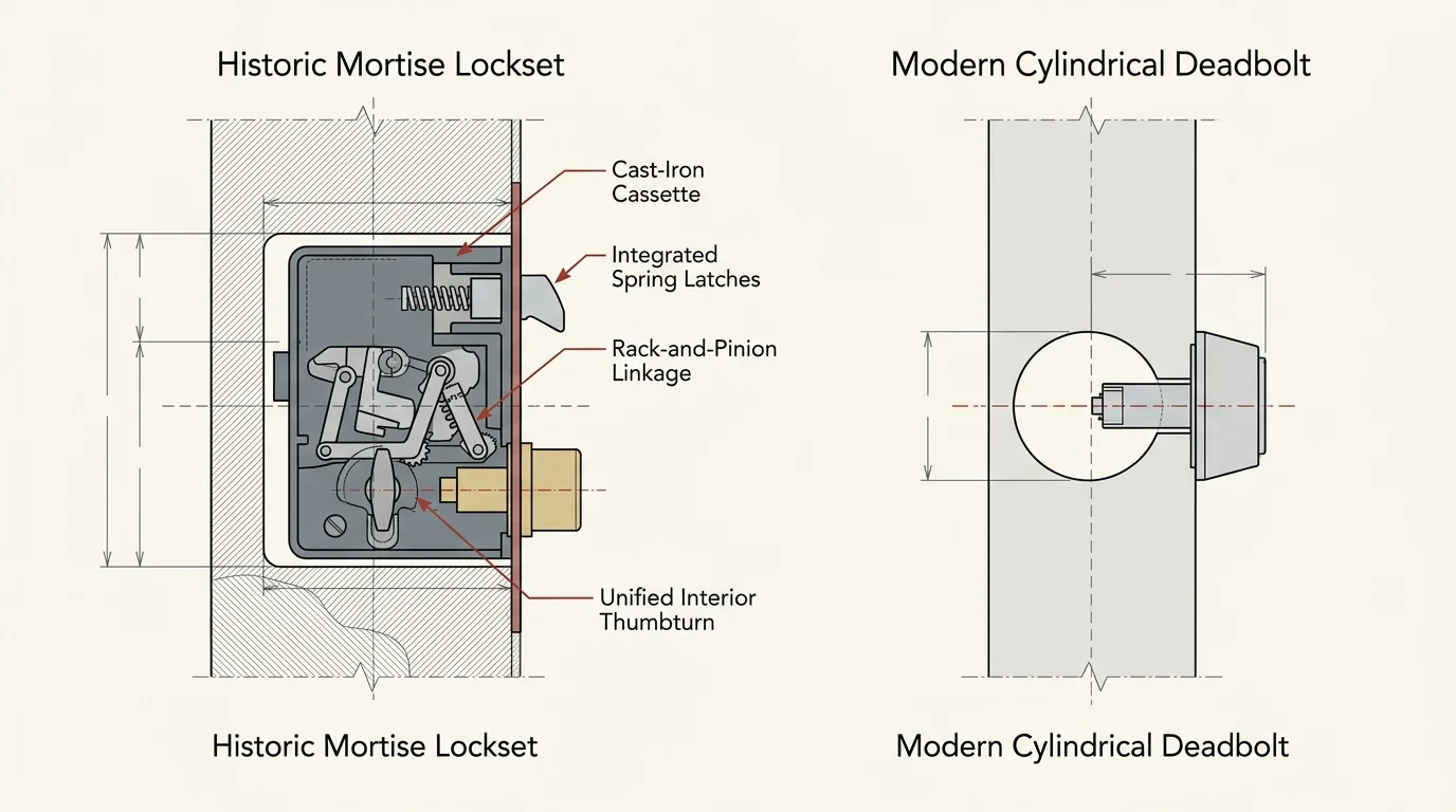 Diagram comparing an internal historic mortise lockset mechanism with a modern cylindrical deadbolt inside a door.