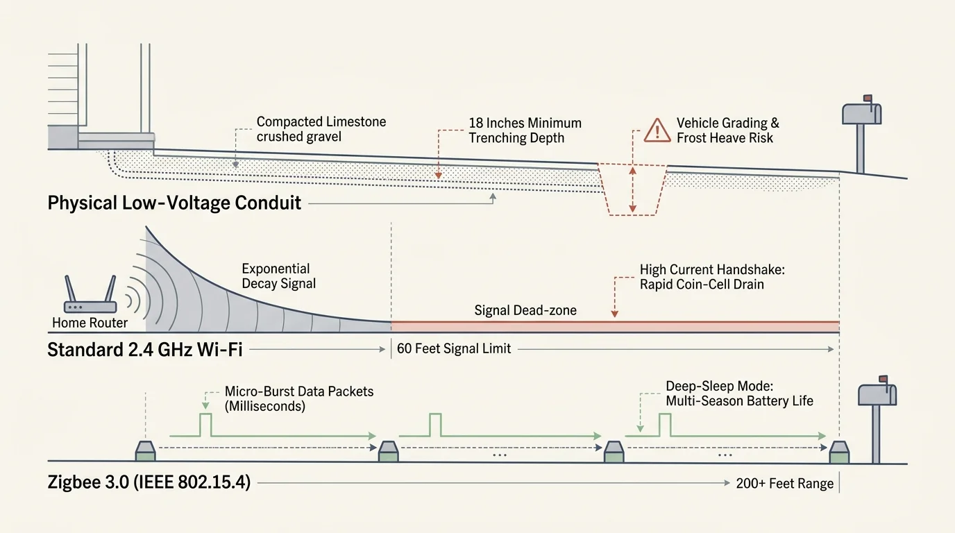 Diagram comparing physical low-voltage conduit, standard 2.4 GHz Wi-Fi decay, and Zigbee 3.0 along a driveway to a mailbox.