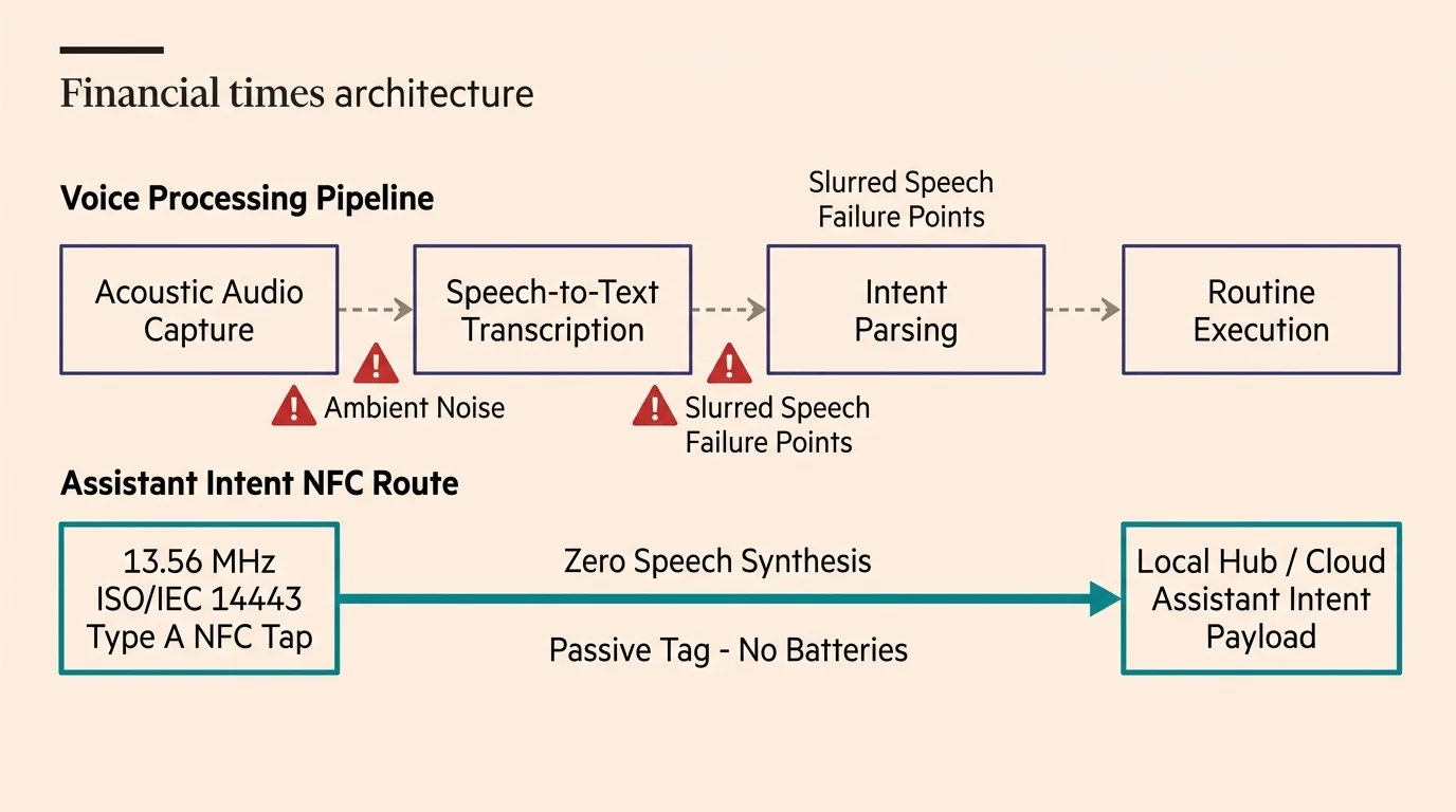 Diagram comparing a four-step voice processing pipeline with potential failure points against a direct NFC intent route.