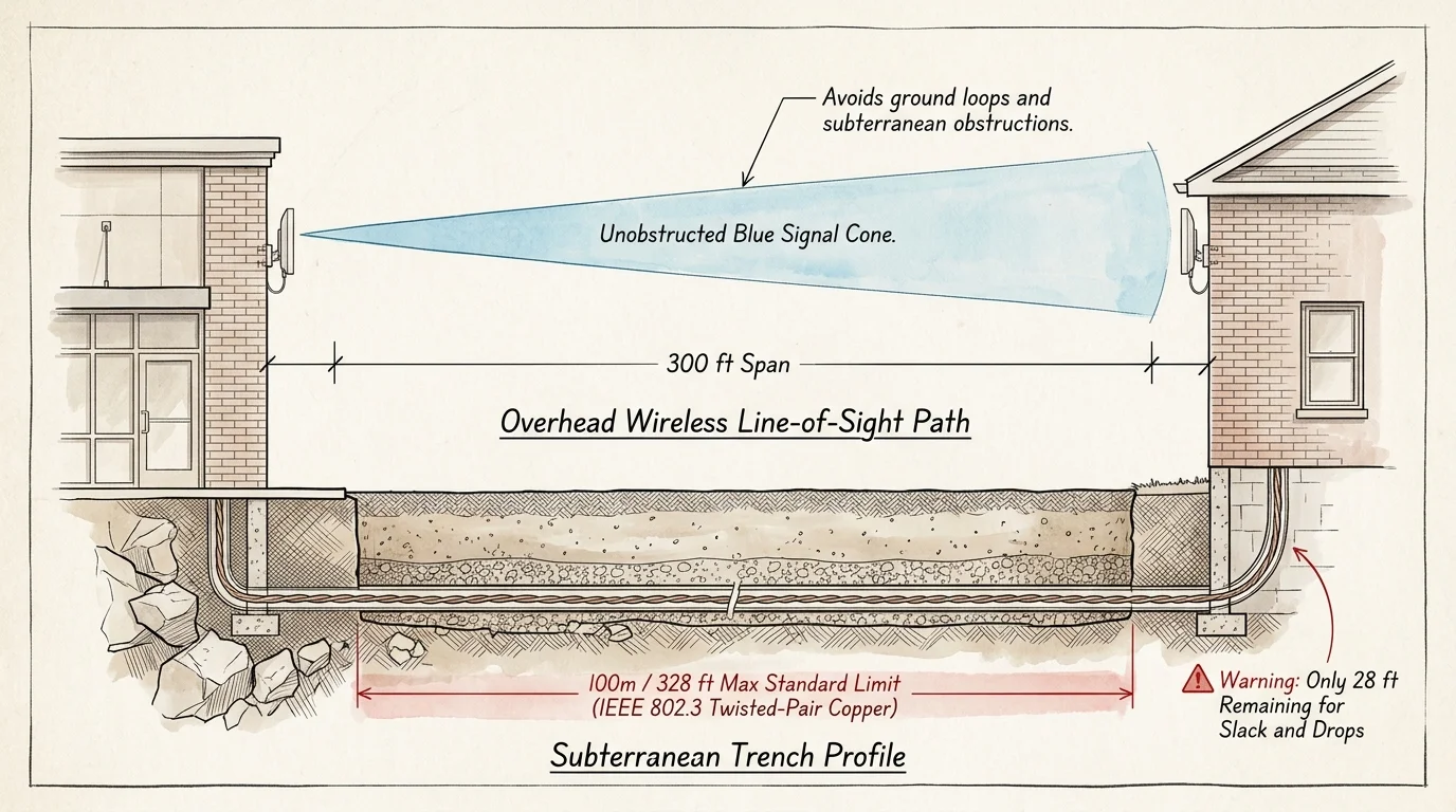Diagram comparing an overhead wireless signal cone between two buildings to an underground copper cable trench.