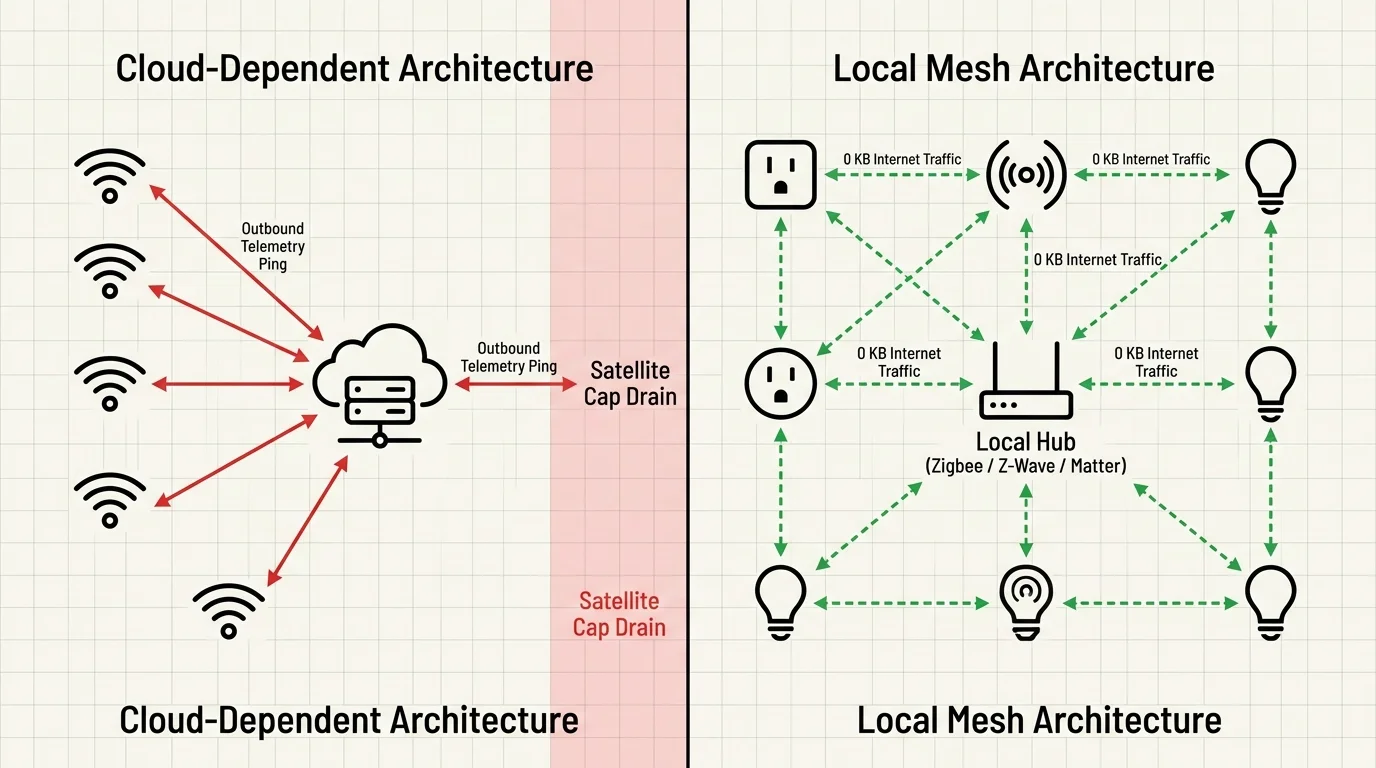 Diagram comparing cloud-dependent architecture using a remote server to a local mesh network connecting devices via a hub.