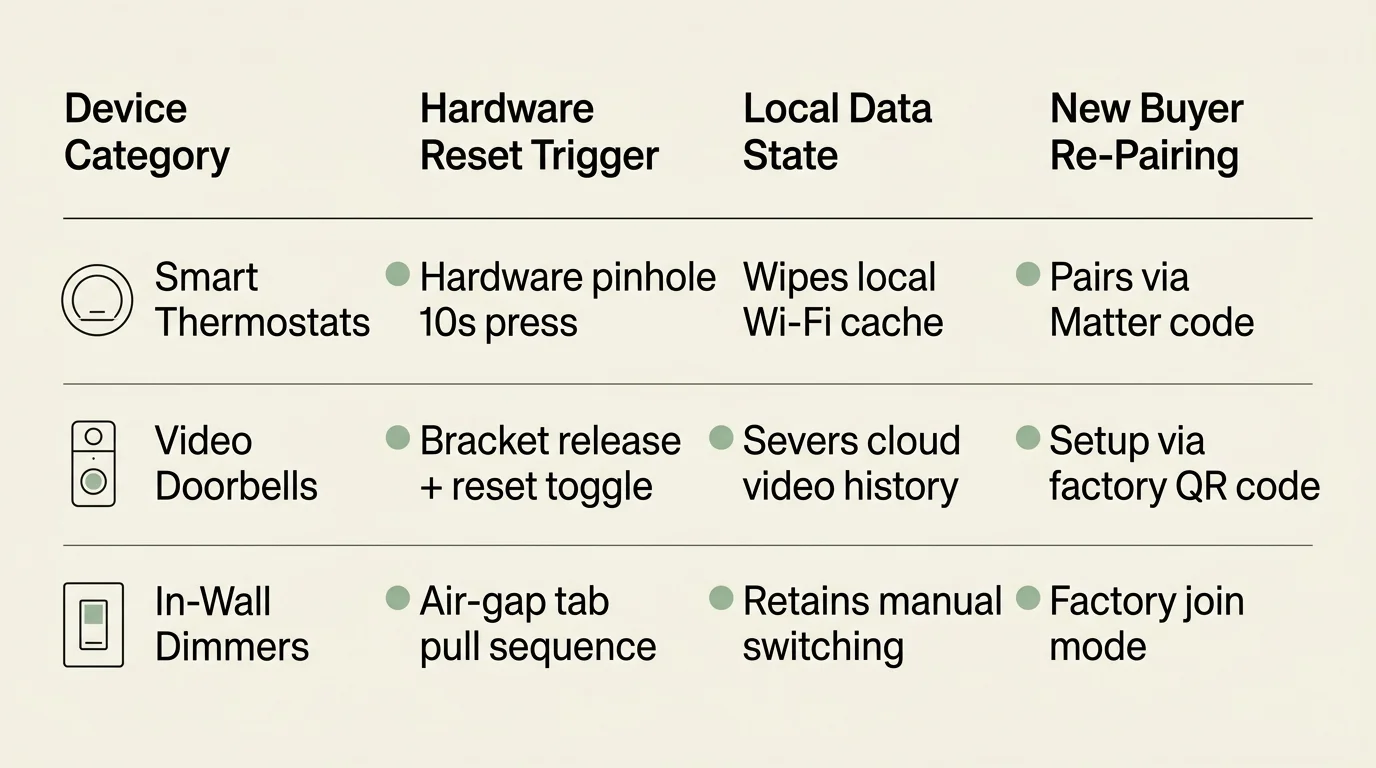 Table outlining reset triggers, local data states, and re-pairing steps for smart thermostats, doorbells, and dimmers.