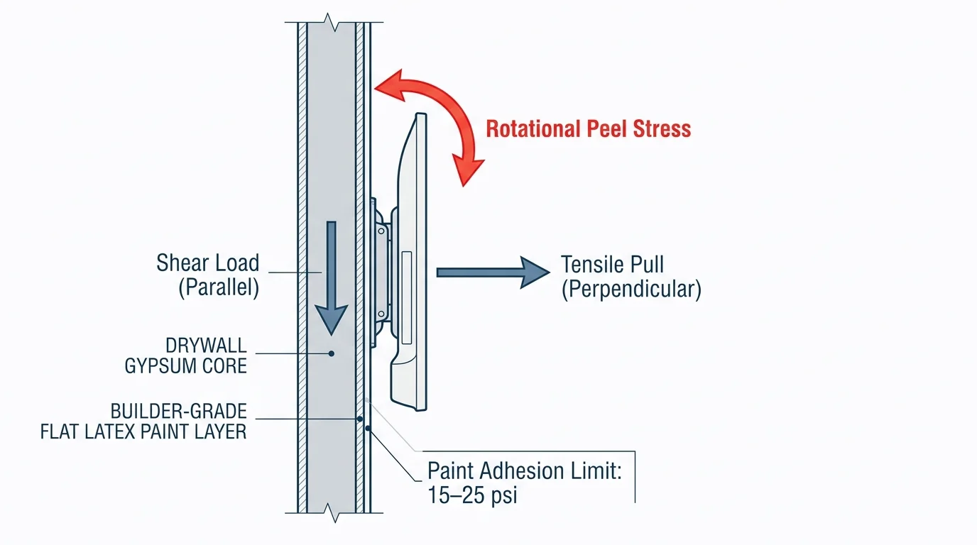 Cross-section diagram of a wall mount showing shear load, tensile pull, and rotational peel stress vectors.