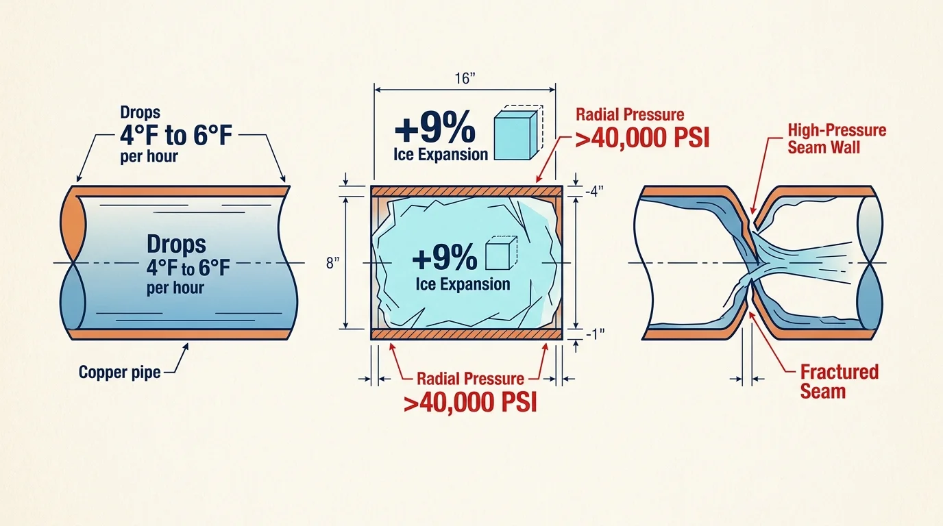 Three-stage technical diagram of copper pipe freezing, showing ice expansion, radial pressure, and seam fracture.