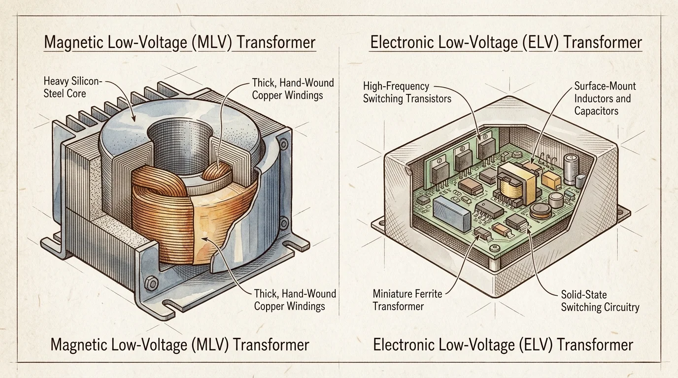 Labeled cutaway illustrations comparing an MLV transformer with copper windings to an ELV unit with a circuit board.