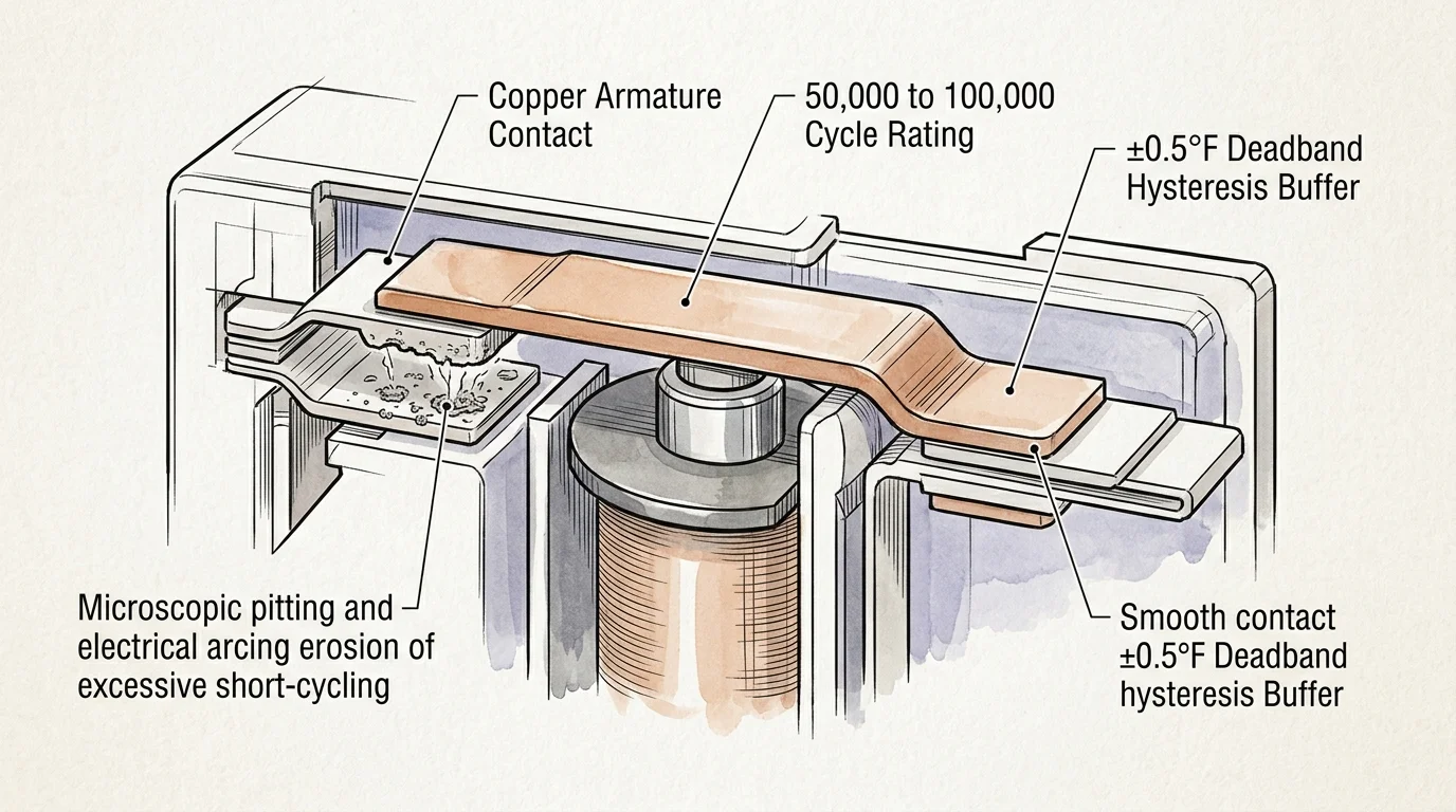 Diagram of a relay mechanism showing a copper armature with pitted arcing contacts compared to smooth contacts.