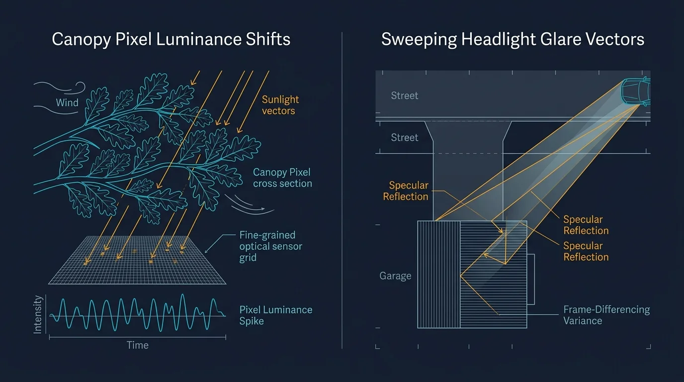 Diagram showing canopy pixel luminance shifts on a sensor grid beside headlight glare reflections near a garage.