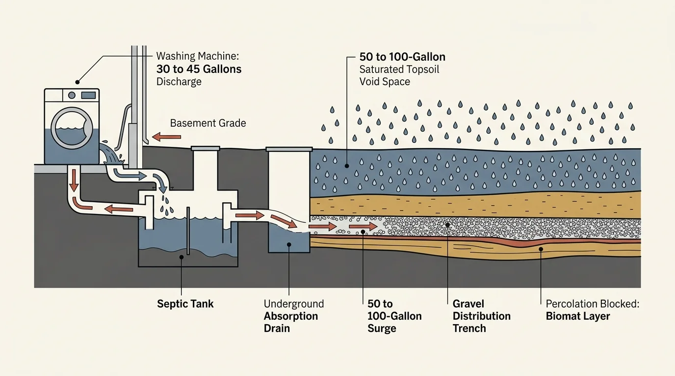 Cross-section diagram showing washing machine wastewater draining into a septic tank and saturated drain field trench.