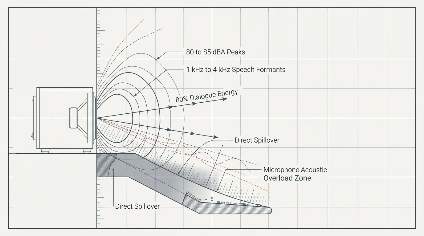 Technical diagram showing acoustic spillover and dispersion patterns from a speaker into a microphone overload zone.