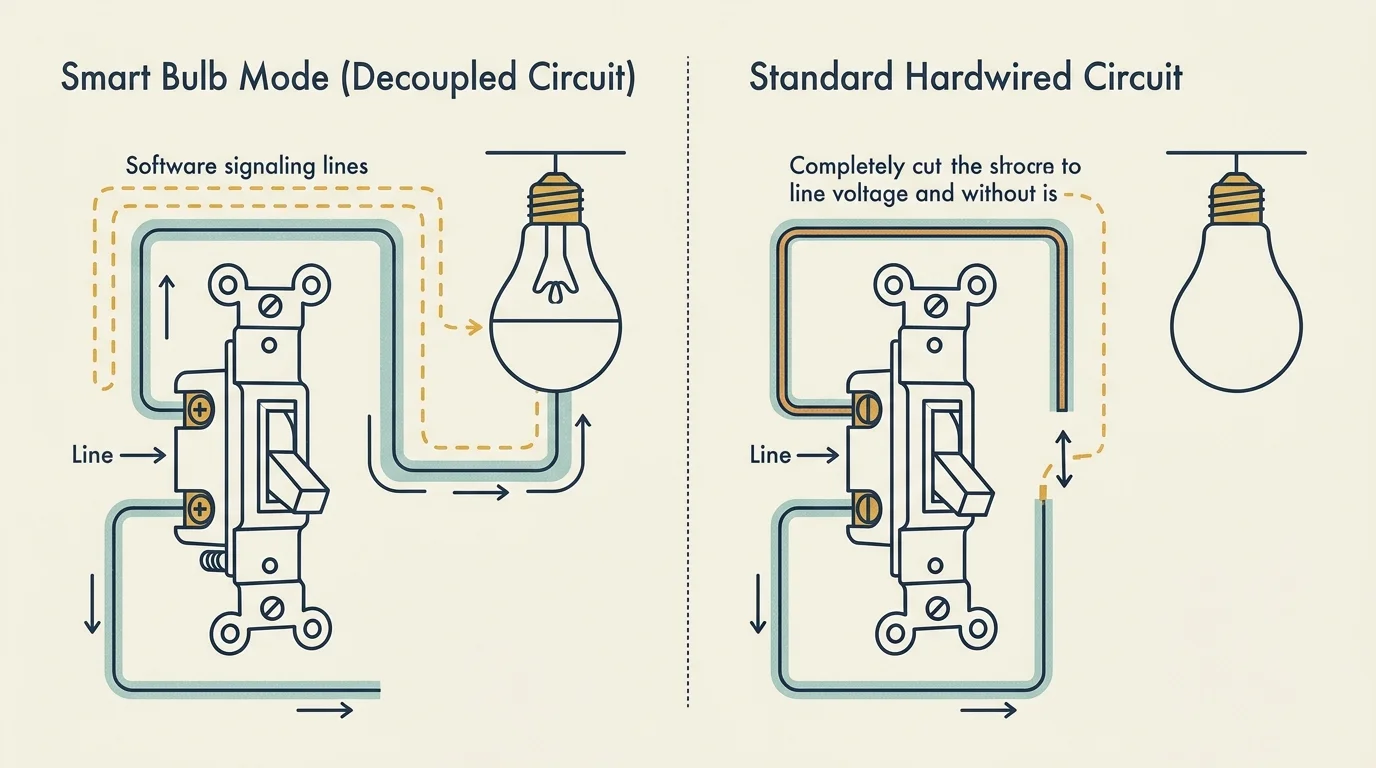 Diagram comparing a decoupled smart bulb circuit against a standard hardwired circuit with light switches and bulbs.