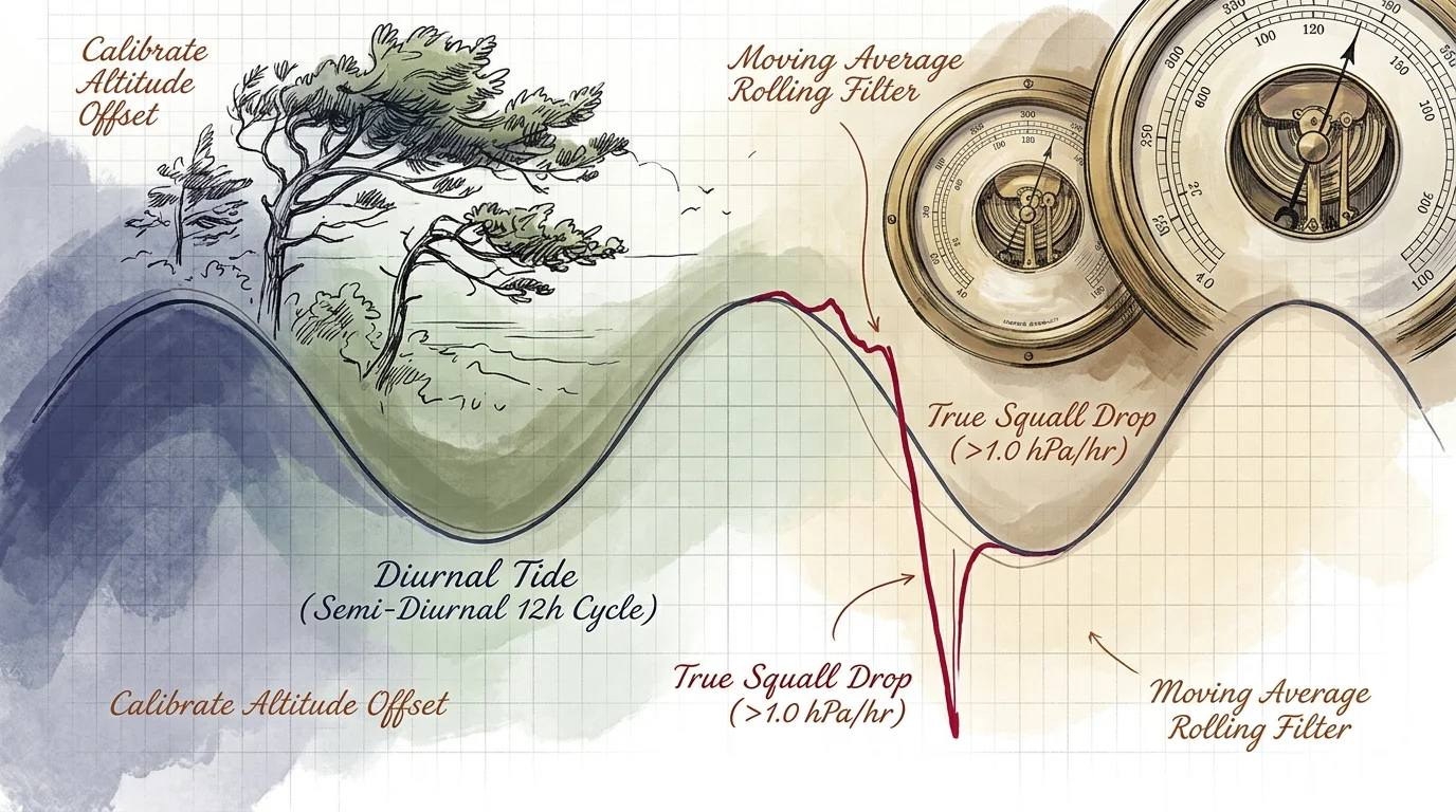 Diagram plotting a sine wave diurnal tide and a sharp squall drop beside brass barometer dials and windblown trees.