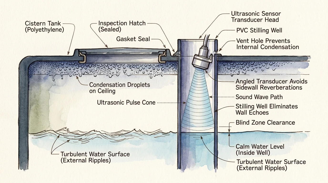 Diagram showing an ultrasonic sensor inside a PVC stilling well in a water cistern with labeled acoustic parts.