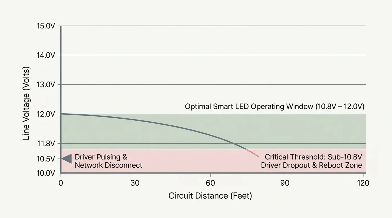 Line graph plotting line voltage versus circuit distance, showing voltage drop below 10.8V into a driver dropout zone.