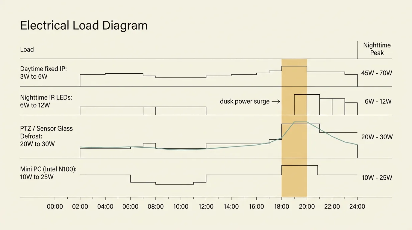 Electrical load diagram charting 24-hour wattage across four components, highlighting an evening dusk power surge.