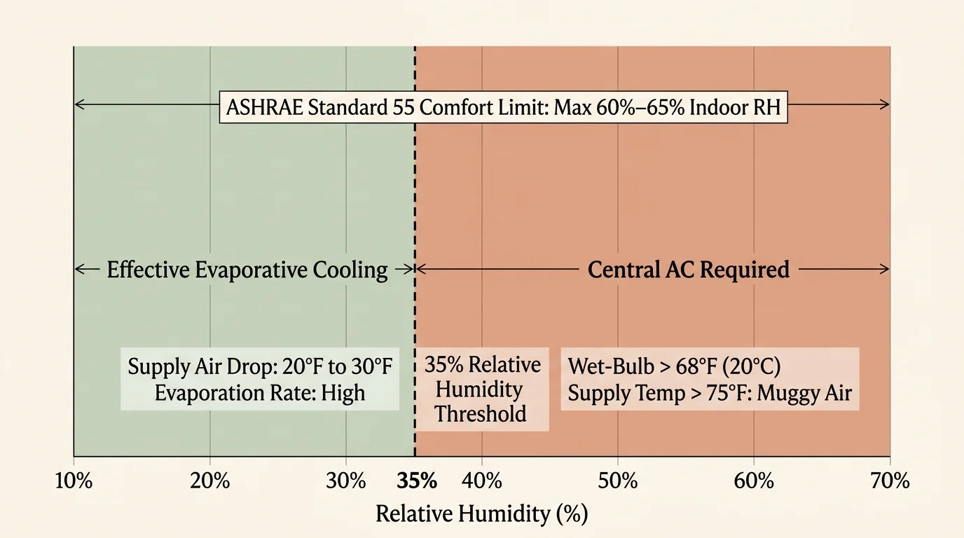Chart showing effective evaporative cooling below a 35% relative humidity threshold and central AC required above it.
