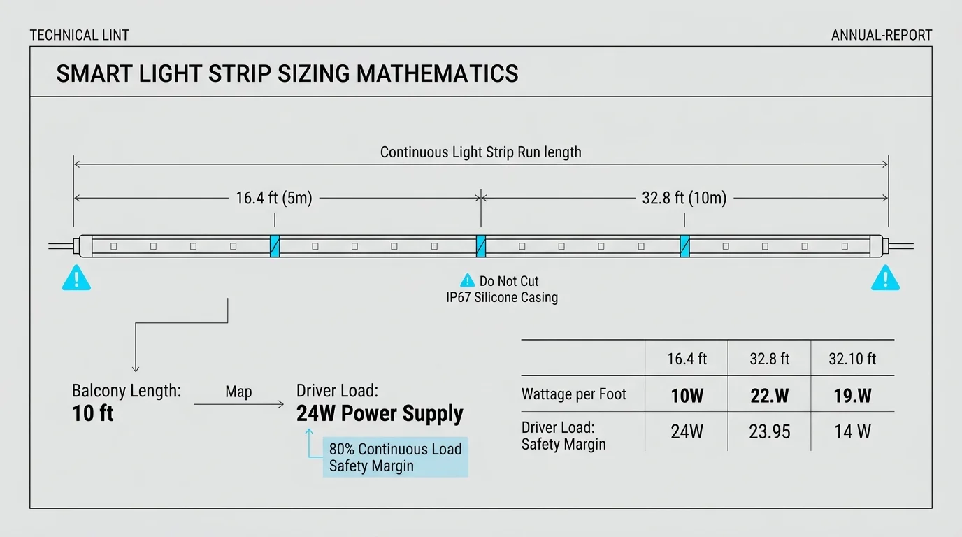 Diagram outlining smart light strip sizing mathematics with run lengths, a power supply driver load, and a wattage table.