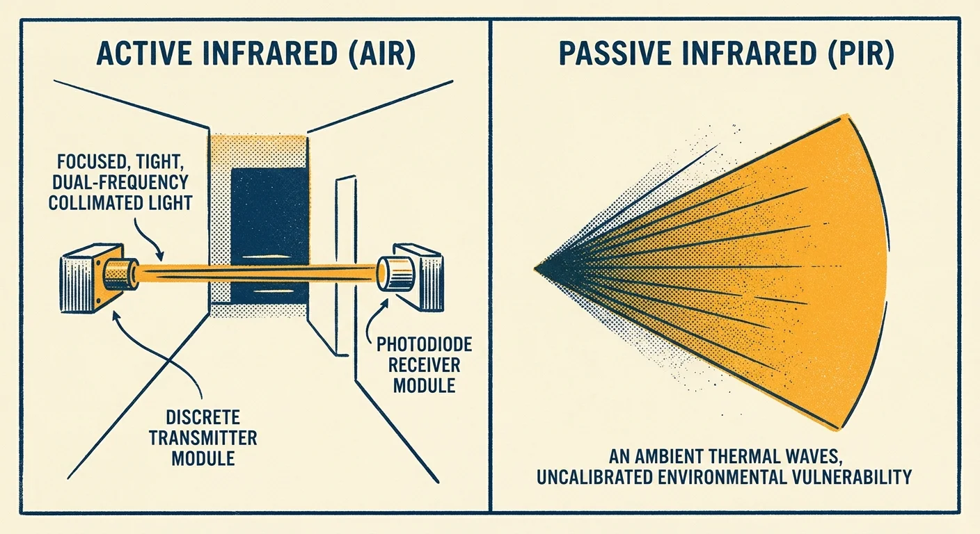 Diagram comparing an active infrared focused beam between two modules to a wide, fan-shaped passive infrared detection zone.