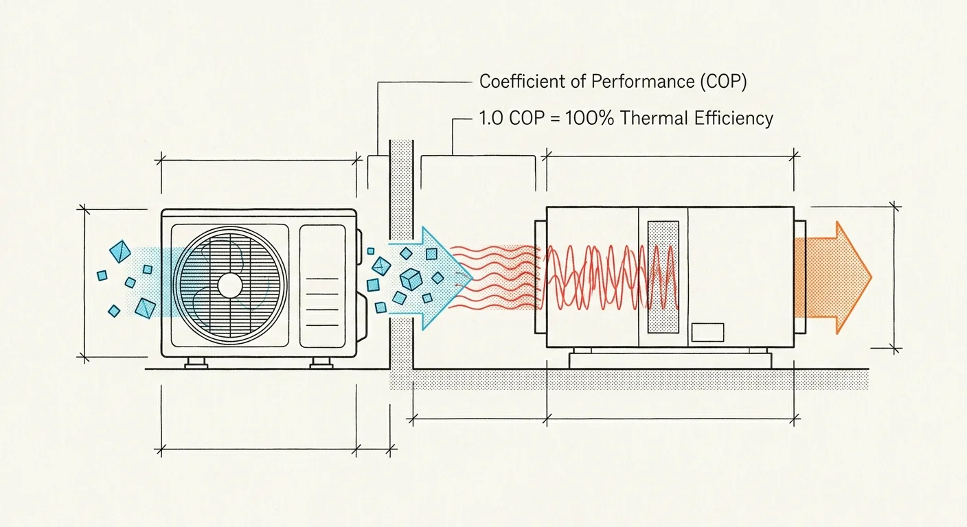 Diagram of an outdoor heat pump unit transferring thermal energy indoors to an air handler with architectural dimension lines.