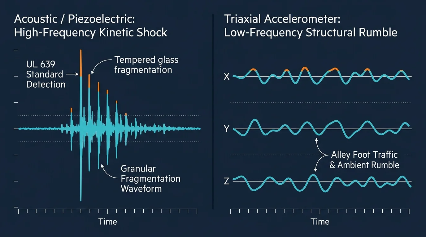 Waveform comparison of high-frequency kinetic shock from glass breakage versus low-frequency structural rumble on X, Y, and Z axes.