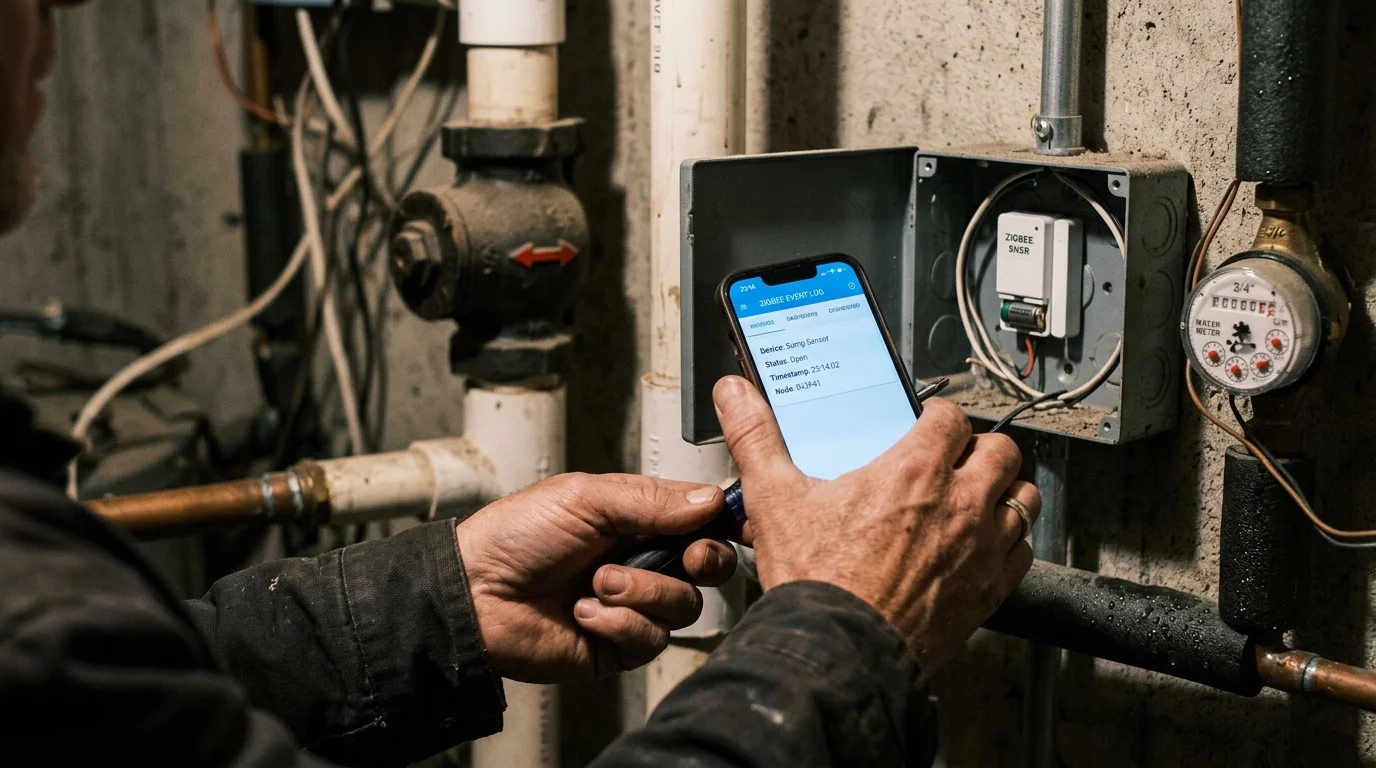 A person holding a smartphone showing an event log next to an open metal electrical box wired with a small sensor.