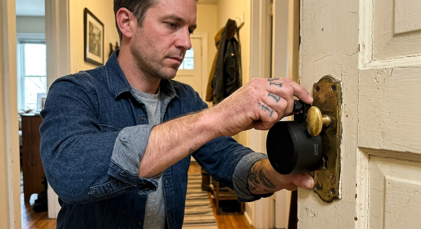 A man installs a black smart lock mechanism onto an antique brass door escutcheon plate with a knob.