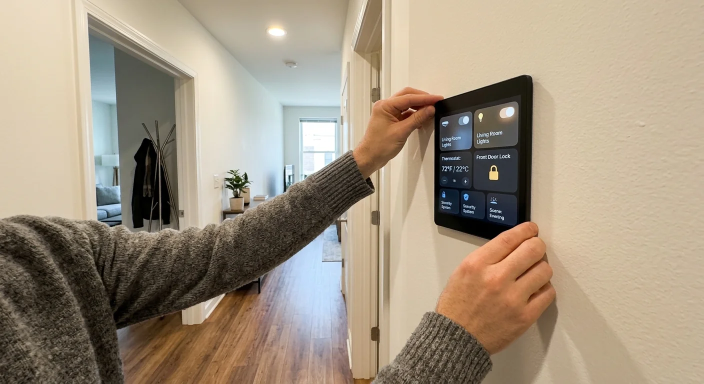 Person in a gray sweater holding a smart home tablet interface mounted flat against a hallway wall.