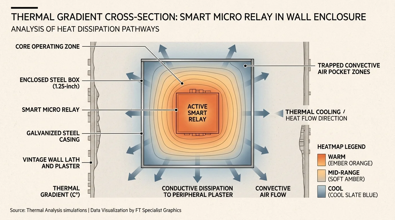 Thermal gradient diagram of a smart relay inside a steel box, showing heat dissipating outward into surrounding wall plaster.