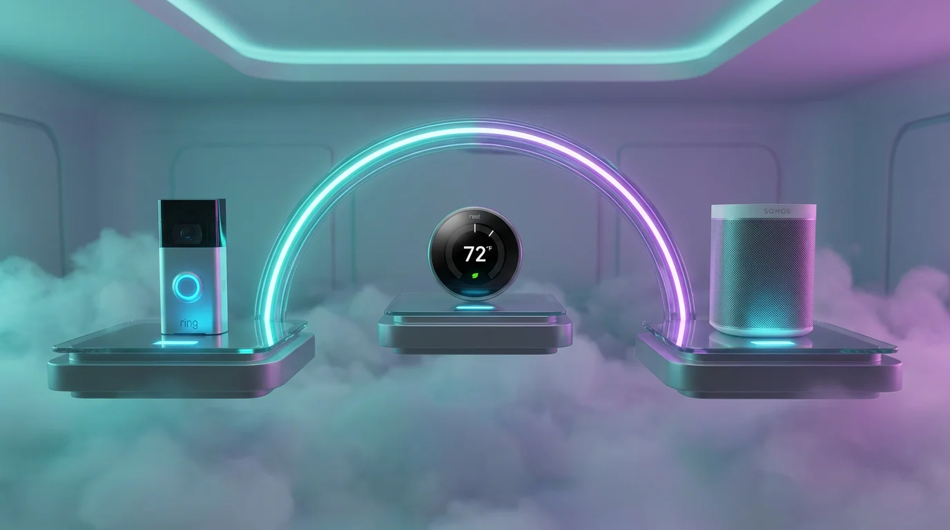 Three floating platforms with different smart devices connected by a bridge of light.