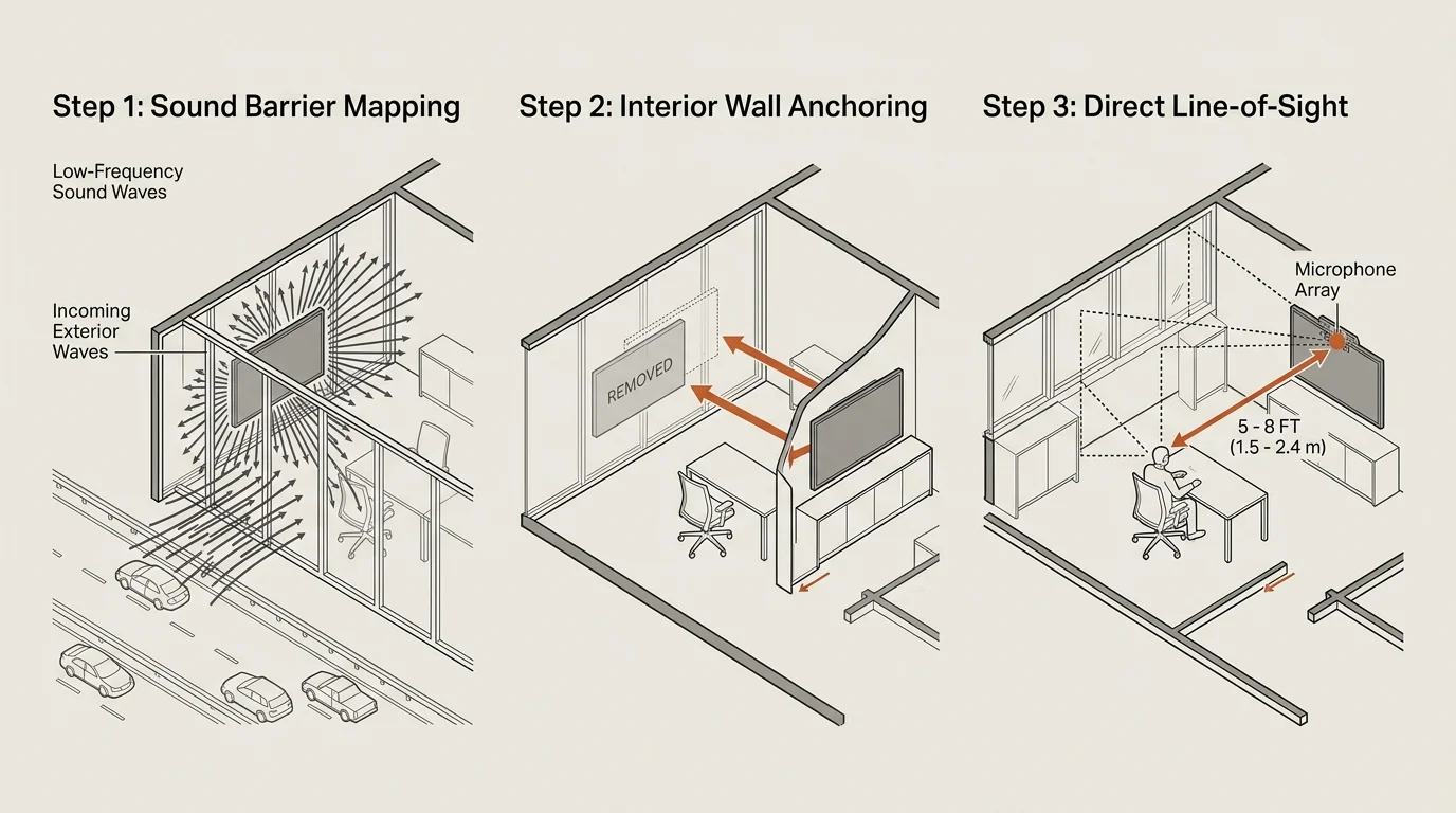 Three-step diagram showing office sound barrier mapping, interior wall anchoring, and microphone direct line-of-sight.