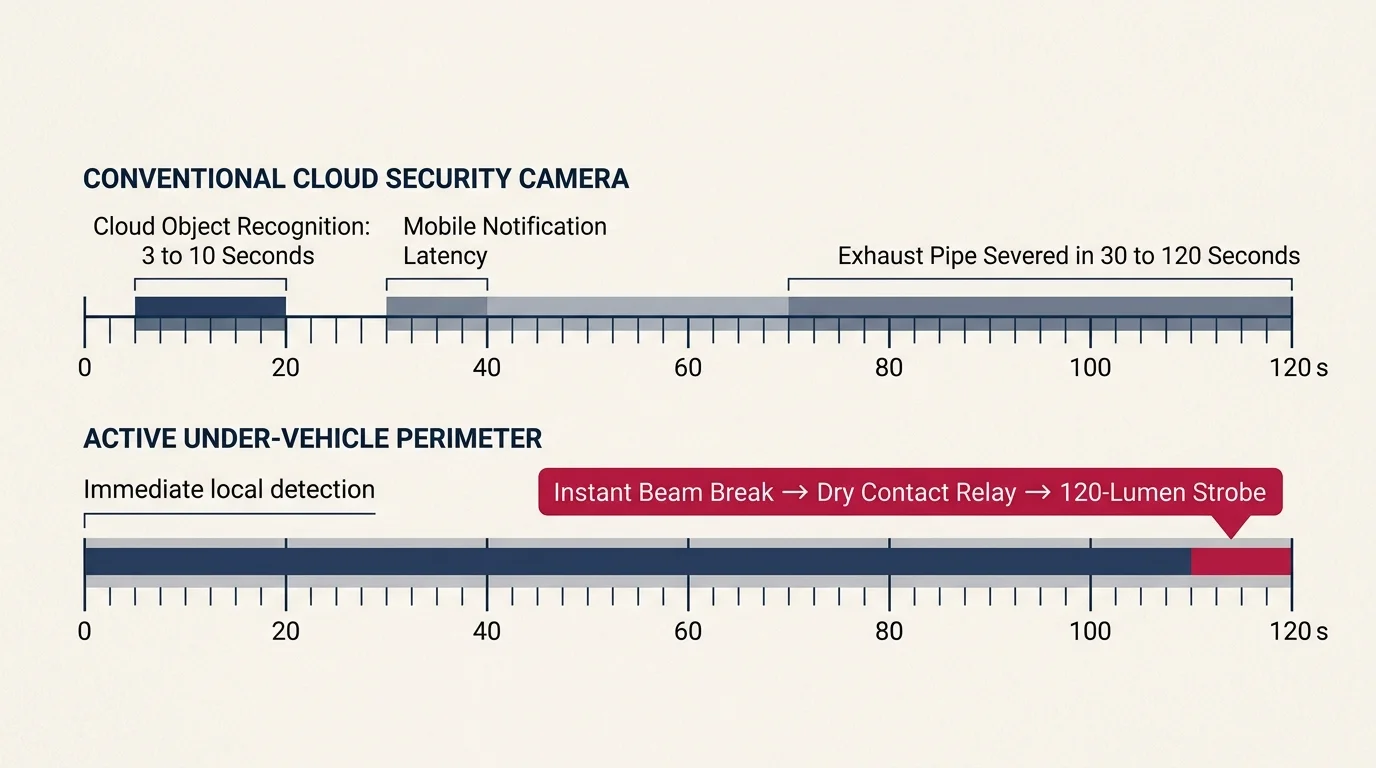 Timeline comparing cloud security camera notification latency against an active perimeter alarm across a 120-second scale.