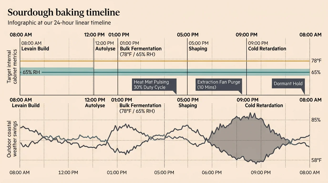 Timeline comparing steady internal cabinet temperature and humidity against fluctuating outdoor coastal weather swings.