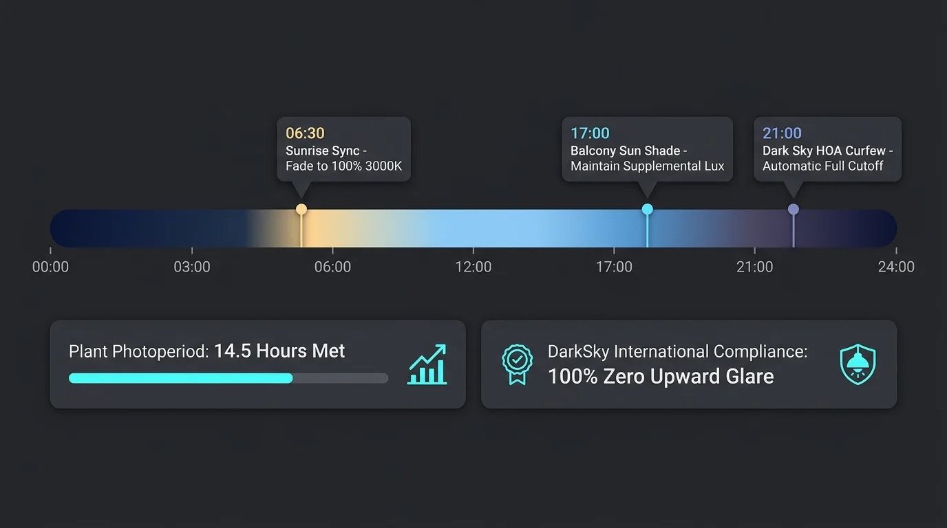 Diagram of a 24-hour lighting timeline showing sunrise sync, balcony shade, and HOA curfew alongside photoperiod metrics.