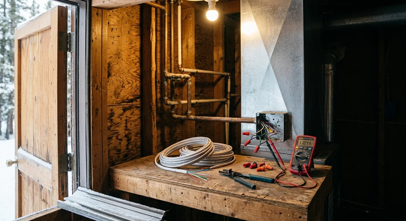 A digital multimeter, wire strippers, wire coil, and open electrical junction box sit on a wooden utility room workbench.