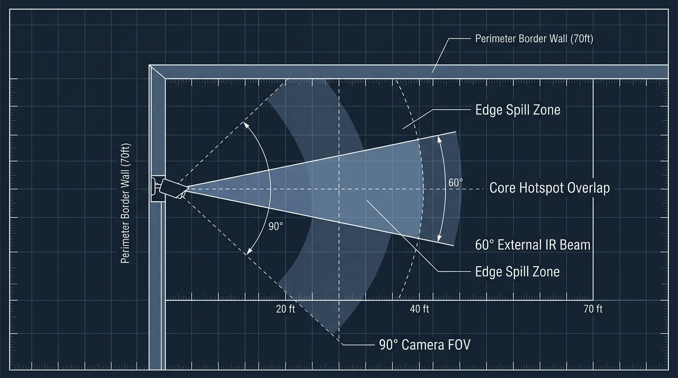 Diagram mapping a 90-degree camera field of view against a 60-degree IR beam, showing edge spill and core overlap zones.