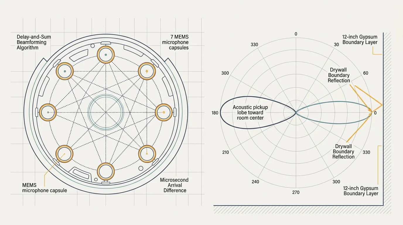 Technical diagram of a circular seven-microphone array alongside an acoustic beamforming polar plot against a wall.