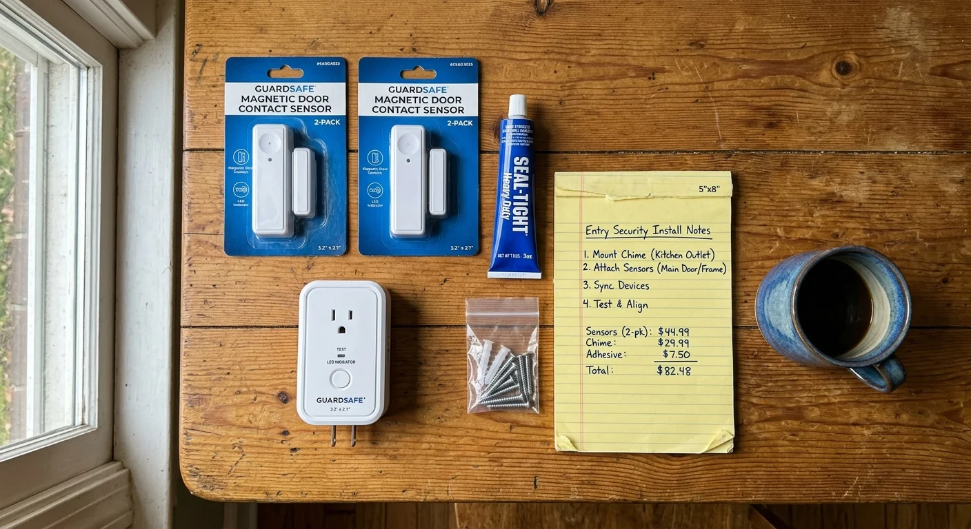 Door contact sensors, sealant, hardware, an outlet chime, and handwritten installation notes laid out on a wooden table.