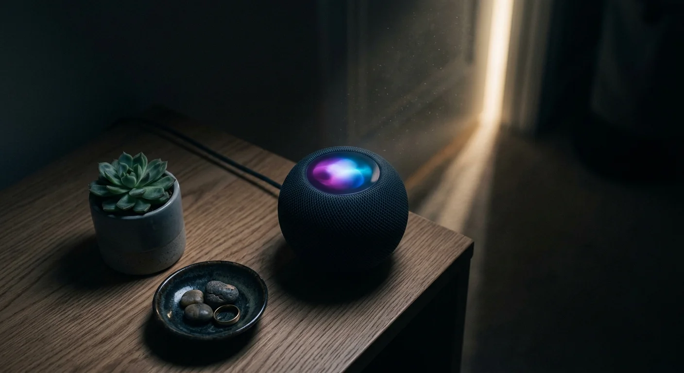 Dark Apple HomePod mini with a glowing colorful top display on a wooden nightstand beside a potted succulent plant.