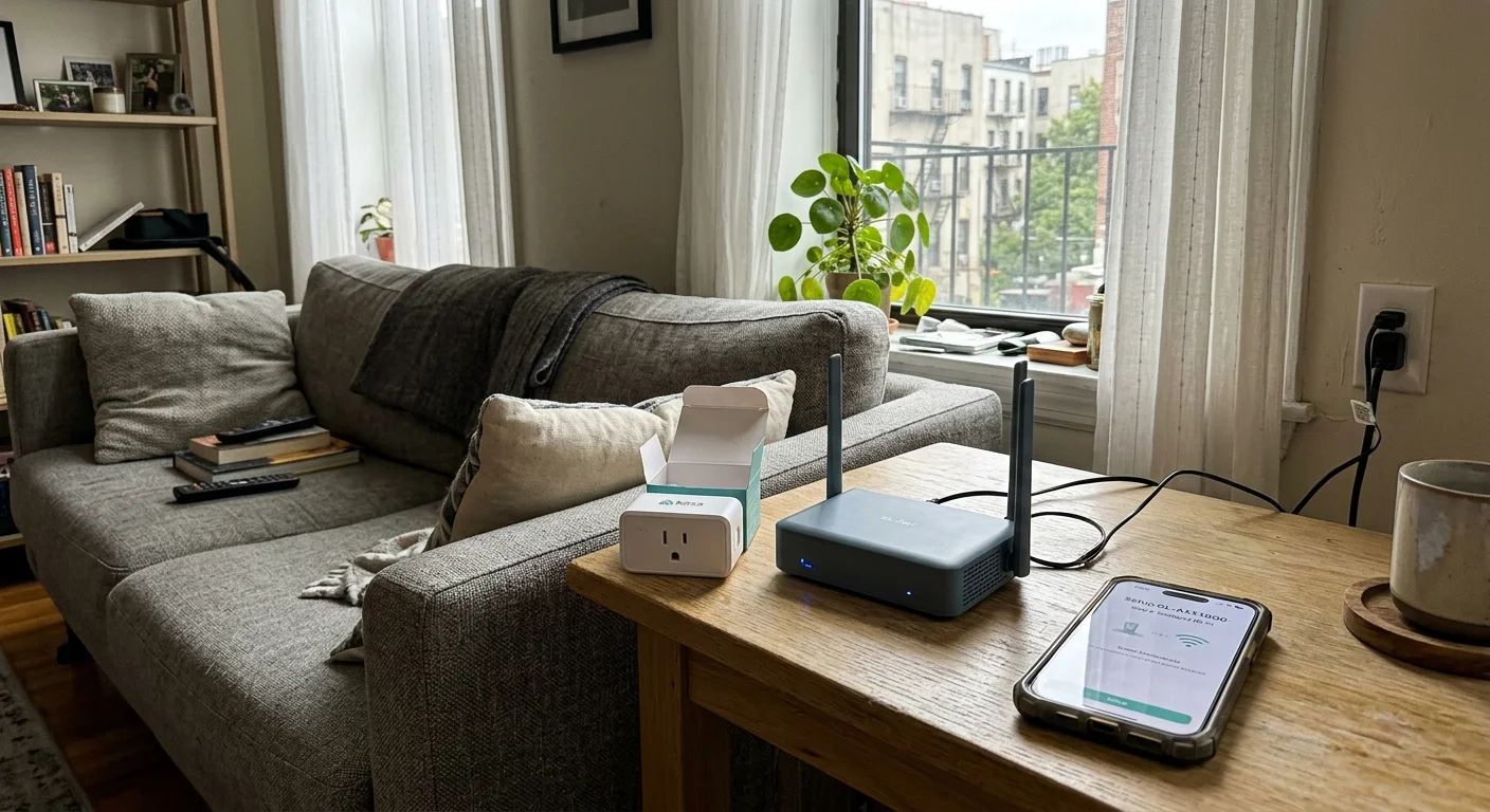 A small dual-antenna router, smart plug, and smartphone on a living room wooden side table beside a grey couch.