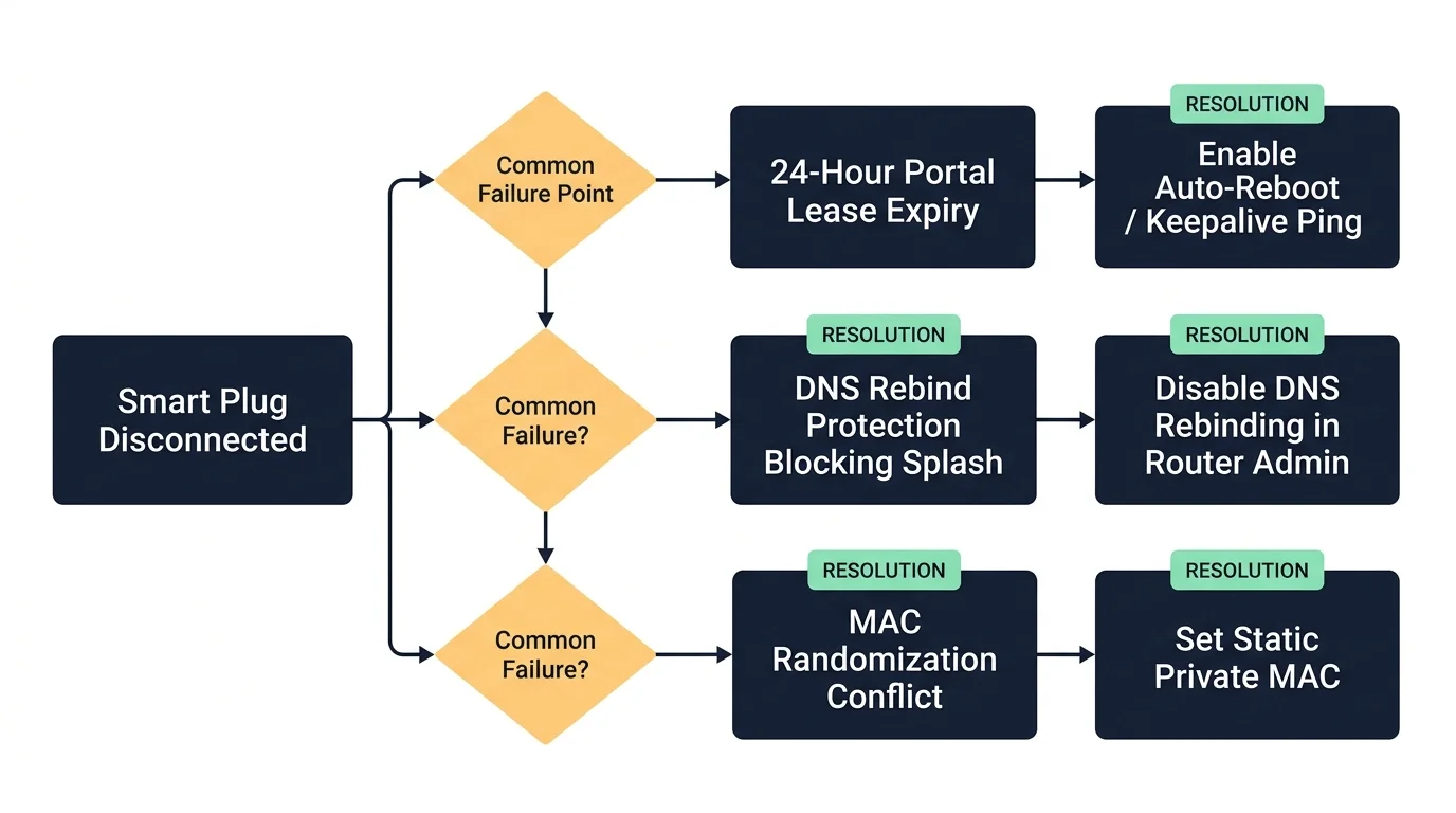 Troubleshooting flowchart showing causes and resolutions for a disconnected smart plug, including portal lease expiry.