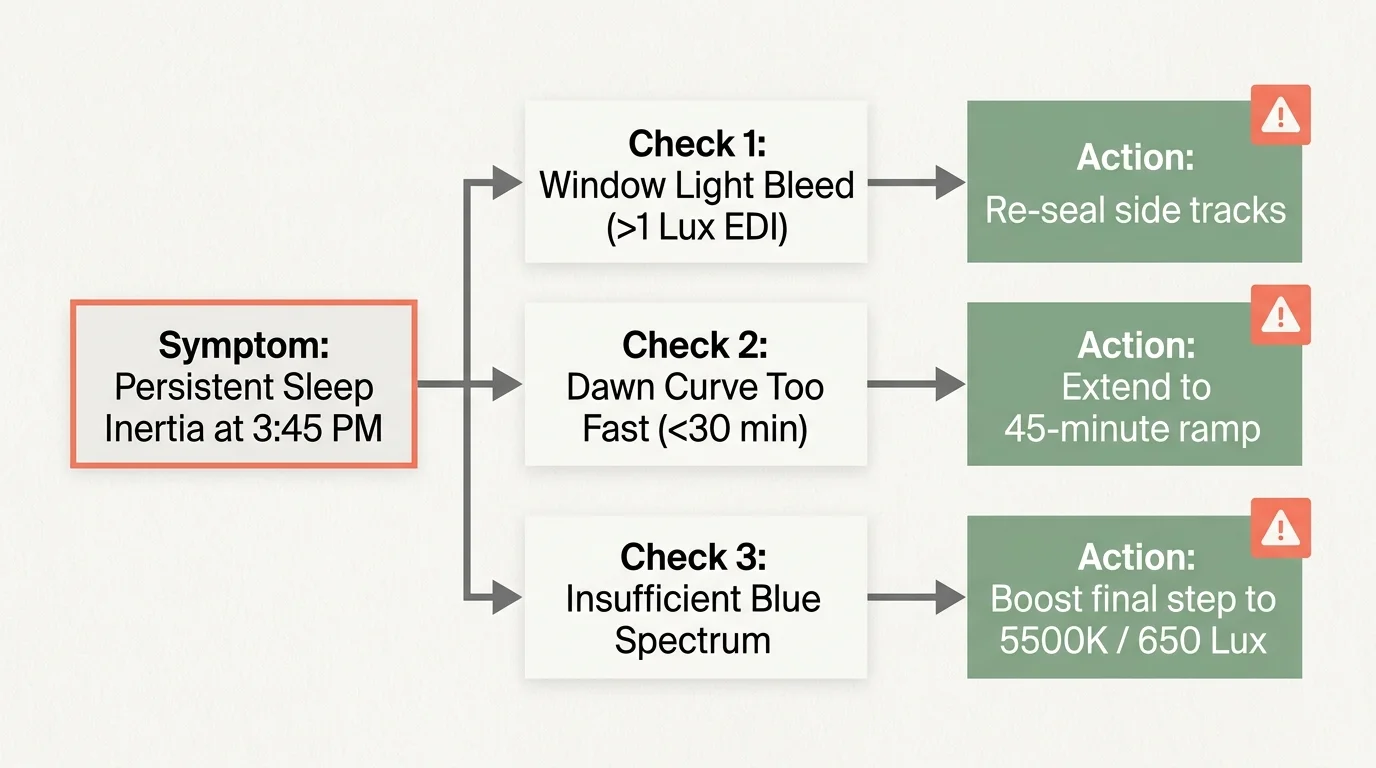 Troubleshooting flowchart linking persistent sleep inertia to light bleed, rapid dawn curves, and insufficient blue spectrum.